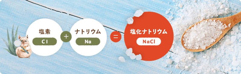 塩素(CI)+ナトリウム(Na)=塩化ナトリウム